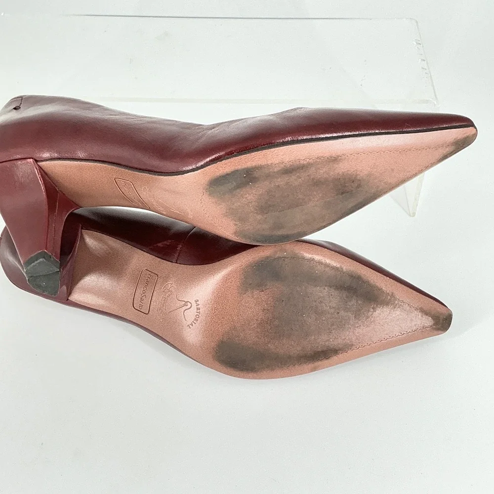 Franco Sarto Size 8 Burgundy Leather Pointed Toe Kitten Heel Pumps Astra